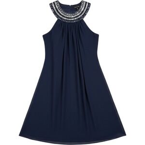 JS Boutique Dress 6 Navy Blue Beaded Halter Chiffon Cocktail Evening‎ Glam